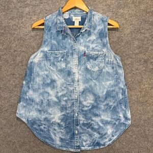 Vintage Levi's Denim Shirt Vest Womens Medium Button Up Tunic Acid Wash Blue Y2k
